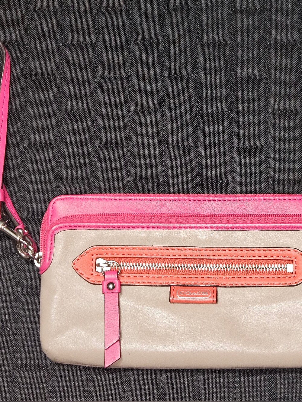 Coach Neutral Leather Wristlet with Pink and Coral Trim